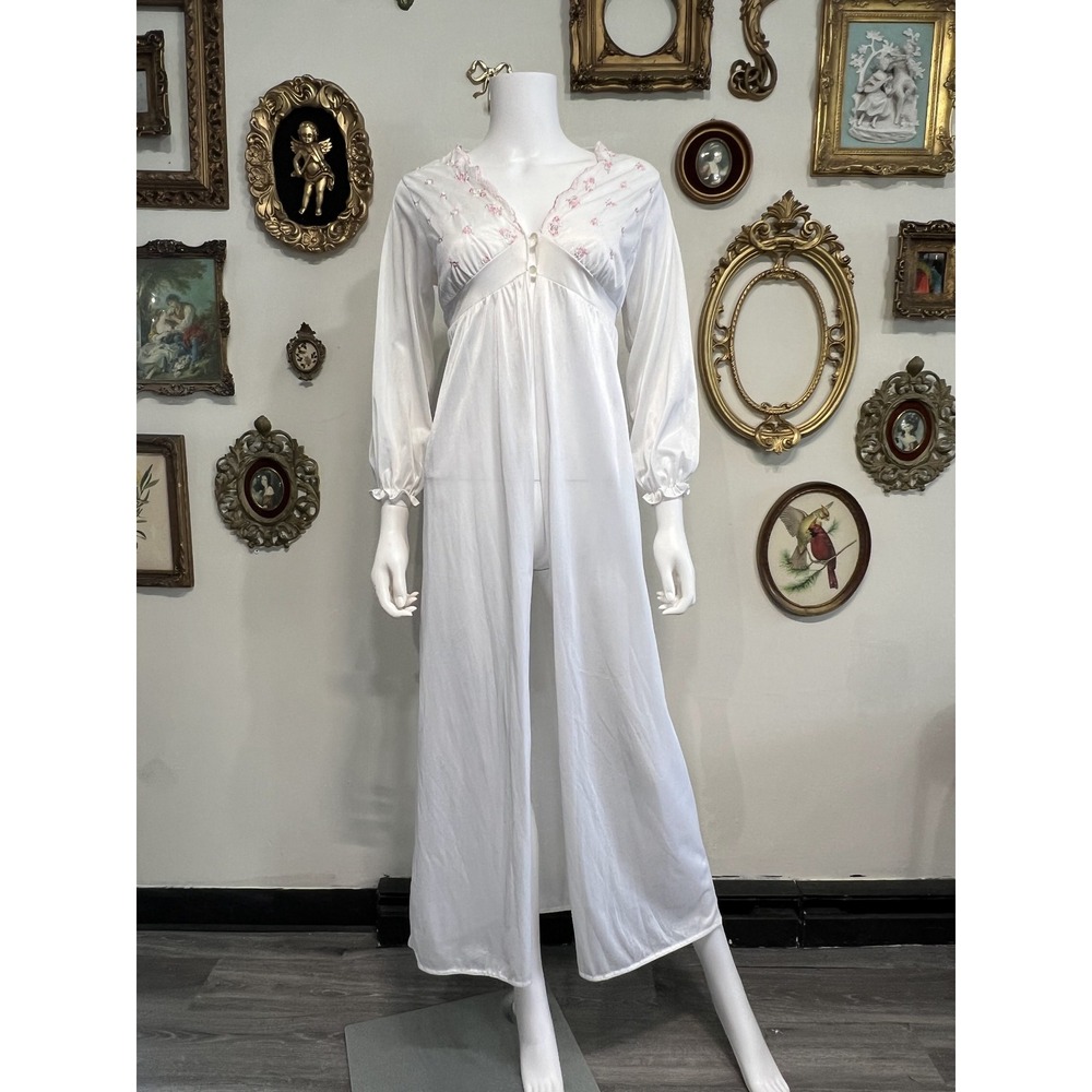 Vintage White Nylon Long Sleeve Lounge Robe Pink Floral Trim Size Large